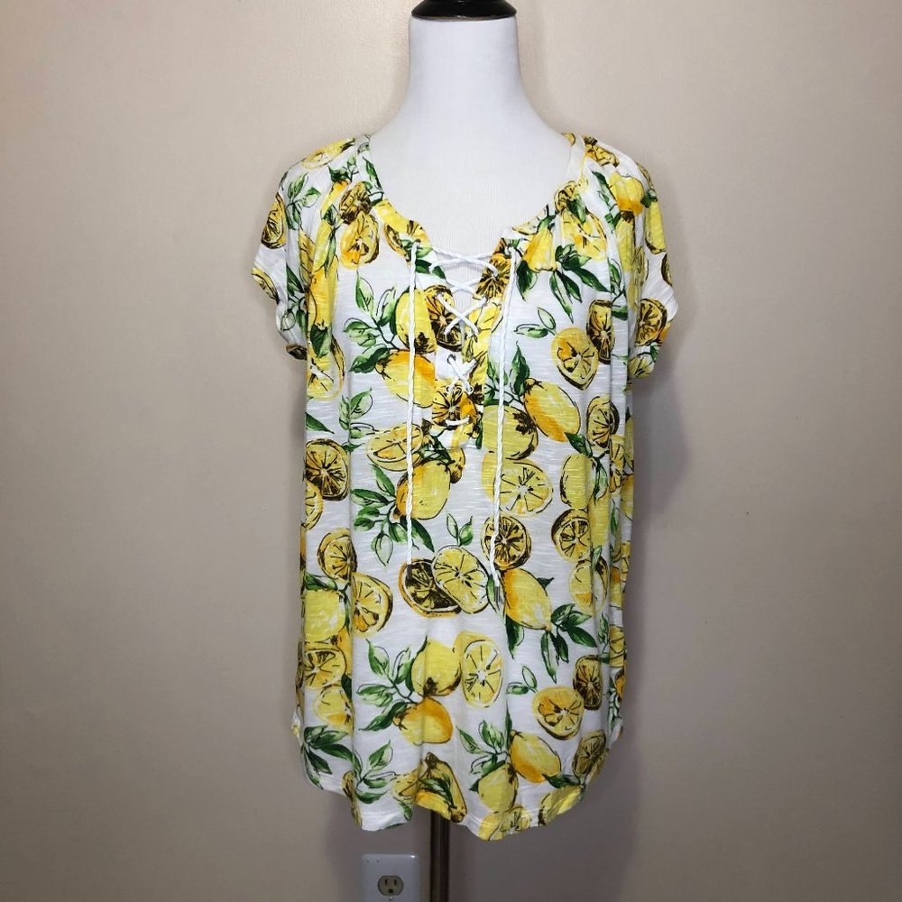 Chaps Lemon Print Yellow & Green Lace Up Front V Neck Top (S)